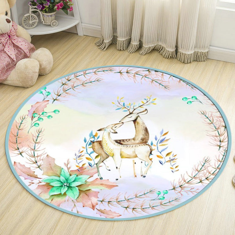 Kids Deer Pattern Rug with Flower White and Blue Polyester Rug Non-Slip Backing Washable Pet Friendly Carpet for Bedroom - Green - Clearhalo - 'Area Rug' - 'Rug' - 1767256