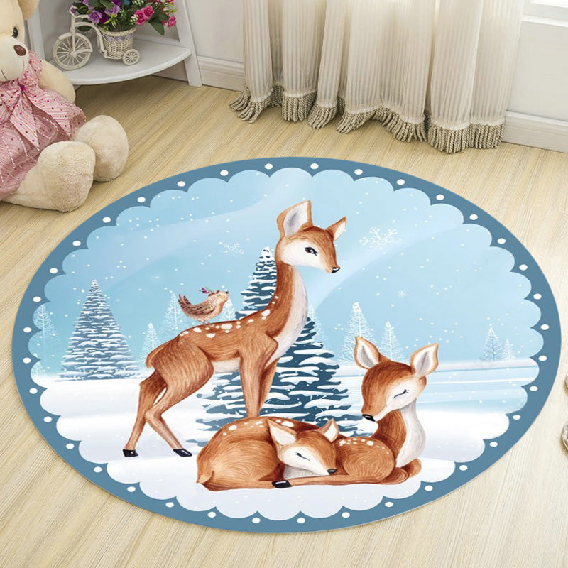 Kids Deer Pattern Rug with Flower White and Blue Polyester Rug Non-Slip Backing Washable Pet Friendly Carpet for Bedroom - Blue - Clearhalo - 'Area Rug' - 'Rug' - 1767257