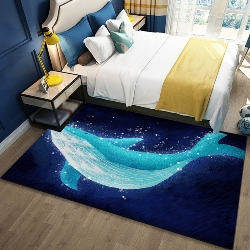 Kids Ocean Pattern Rug with Fish Blue Polyester Rug Non-Slip Backing Washable Pet Friendly Carpet for Bedroom - Blue - Clearhalo - 'Area Rug' - 'Rug' - 1767319