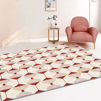 Novelty Geometric Pattern Rug Red Polyester Rug Non-Slip Backing Washable Pet Friendly Carpet for Home