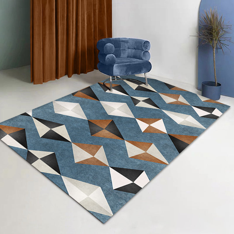 Novelty Geometric Pattern Rug Blue Polyester Rug Non-Slip Backing Washable Pet Friendly Carpet for Home