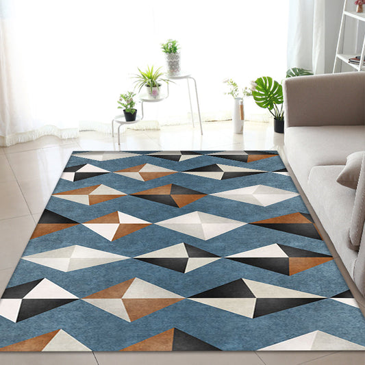 Novelty Geometric Pattern Rug Blue Polyester Rug Non-Slip Backing Washable Pet Friendly Carpet for Home