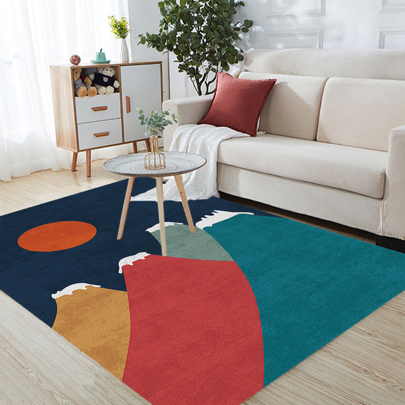 Navy Multicolor Mountain Pattern Rug Polyester Oriental Rug Washable Anti-Slip Pet Friendly Area Rug for Living Room - Dark Blue - Clearhalo - 'Area Rug' - 'Rug' - 1780378