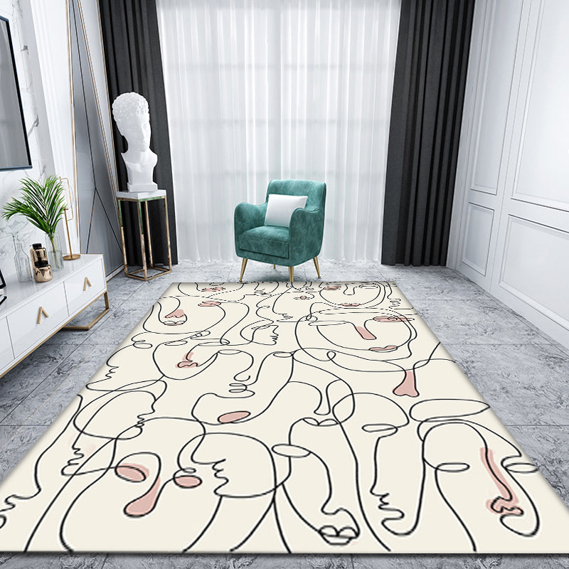 Creative Nordic Rug Beige Character Pattern Rug Pet Friendly Anti-Slip Washable Area Rug for Decoration