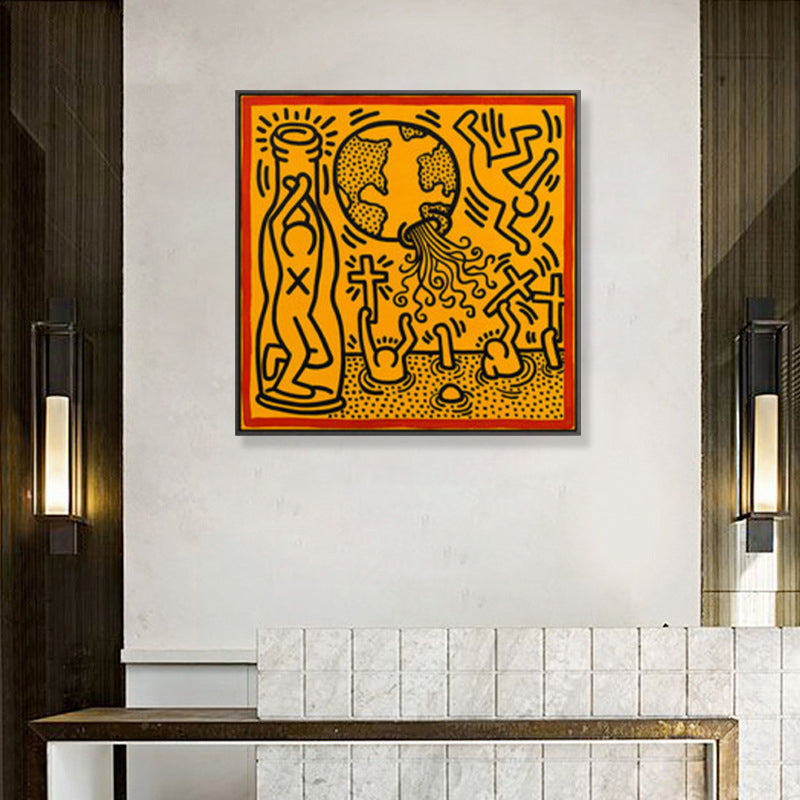 Yellow Pop Art Canvas Print Illustration Keith Haring Figure Drawing Wall Decor for Room - view 4