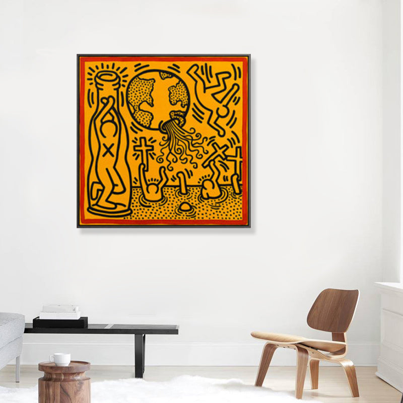 Yellow Pop Art Canvas Print Illustration Keith Haring Figure Drawing Wall Decor for Room - view 3