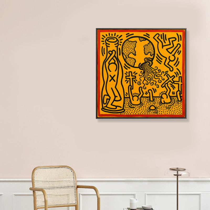 Yellow Pop Art Canvas Print Illustration Keith Haring Figure Drawing Wall Decor for Room