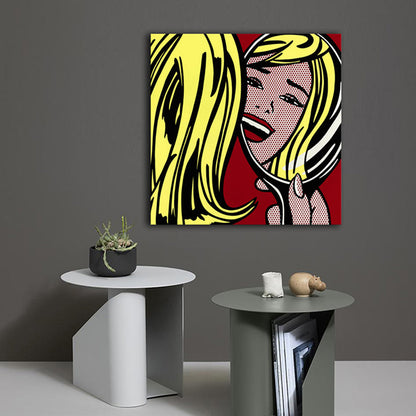 Yellow Girl in Mirror Wall Art Figure Traditional Textured Canvas Print for Living Room