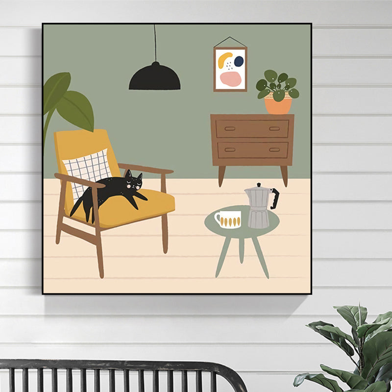 Green Nordic Canvas Illustration Cat Lying on Chair Wall Art Print for Living Room