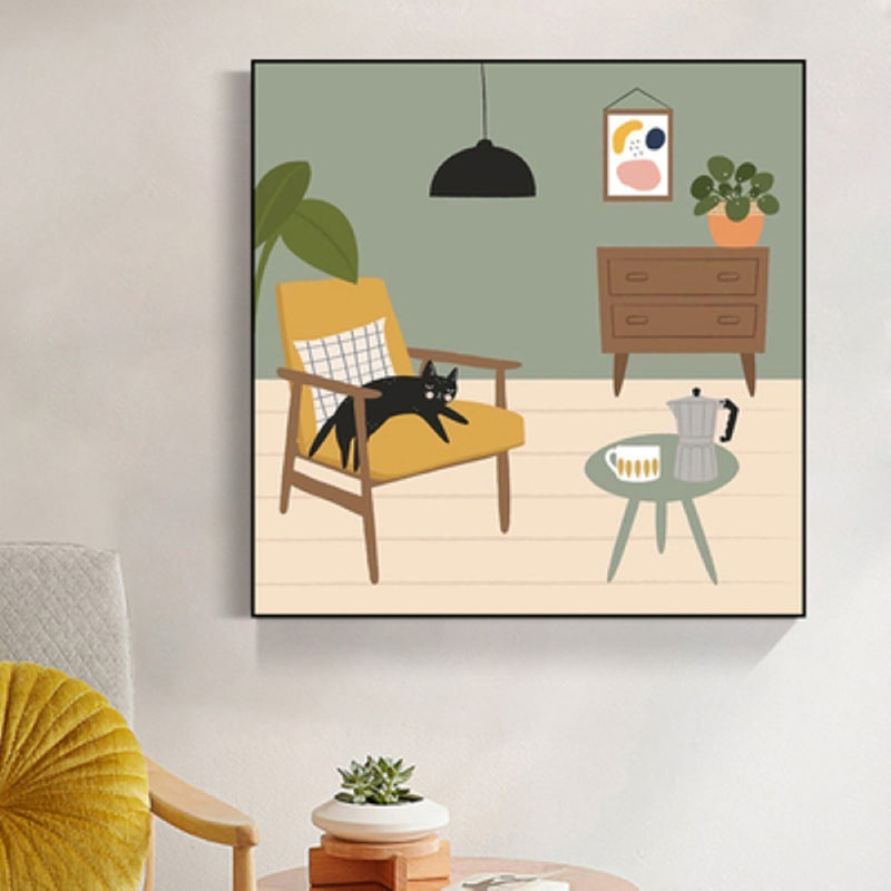 Green Nordic Canvas Illustration Cat Lying on Chair Wall Art Print for Living Room