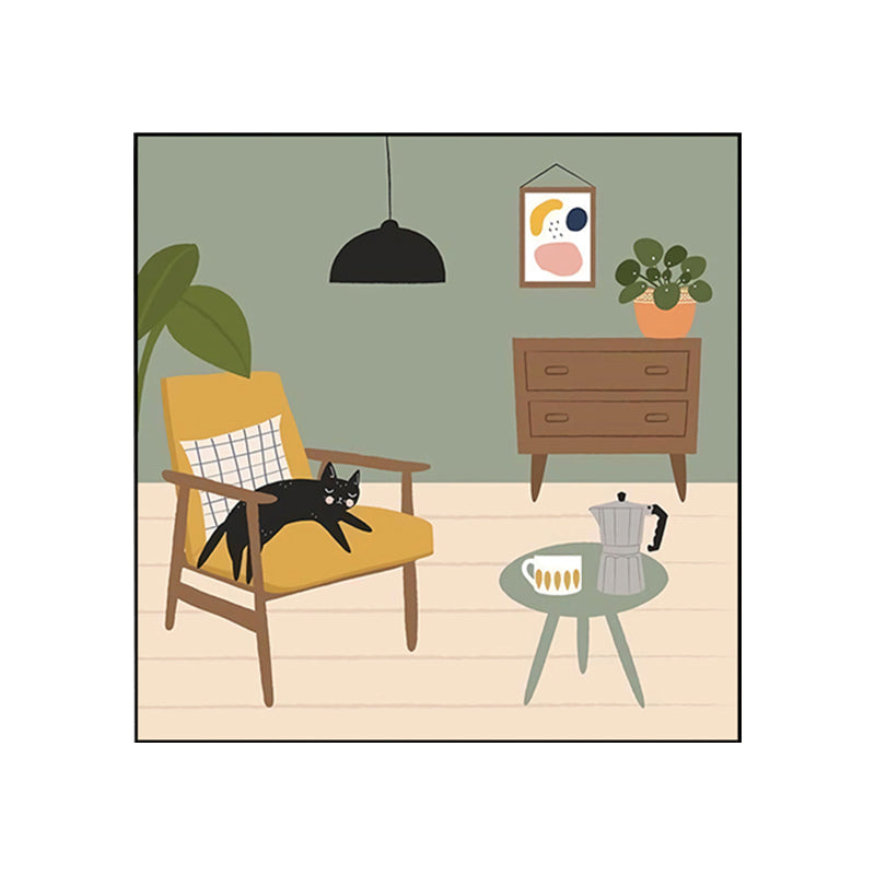 Green Nordic Canvas Illustration Cat Lying on Chair Wall Art Print for Living Room