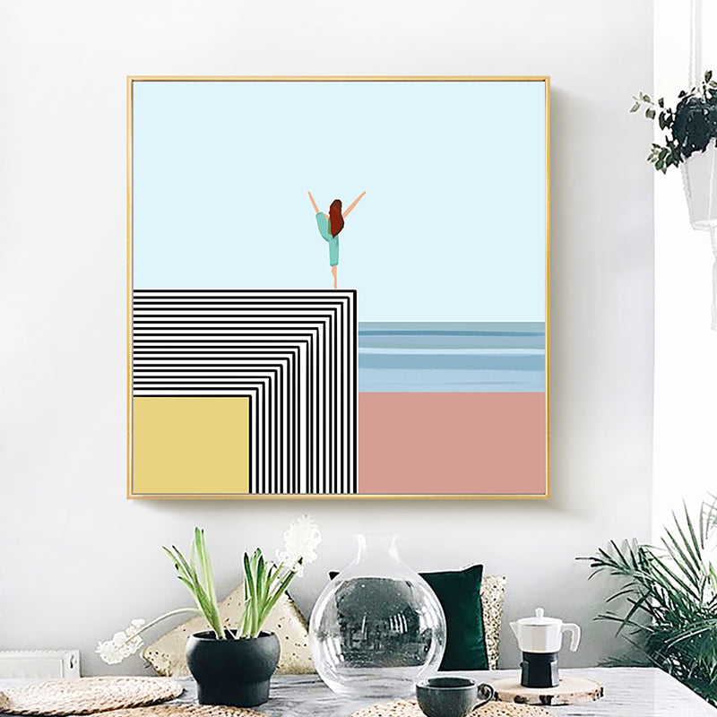 Nordic Morning Yoga Canvas Art Blue-Orange Beach Scenery Wall Decor for House Interior - view 4