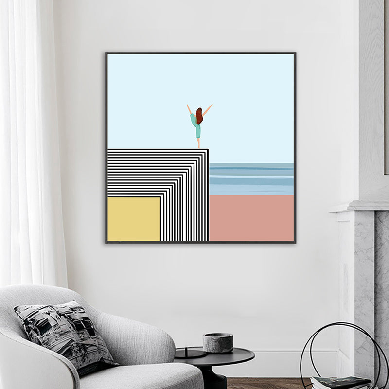 Nordic Morning Yoga Canvas Art Blue-Orange Beach Scenery Wall Decor for House Interior - view 2