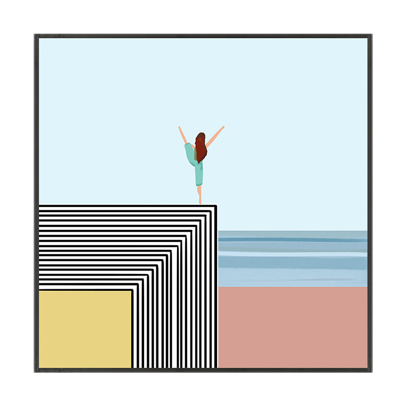 Nordic Morning Yoga Canvas Art Blue-Orange Beach Scenery Wall Decor for House Interior - view 3