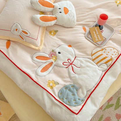 Feblilac Winter Sunflower and Animal Milk Fleece Four-Piece Bed Sets Coral Fleece Quilt Cover