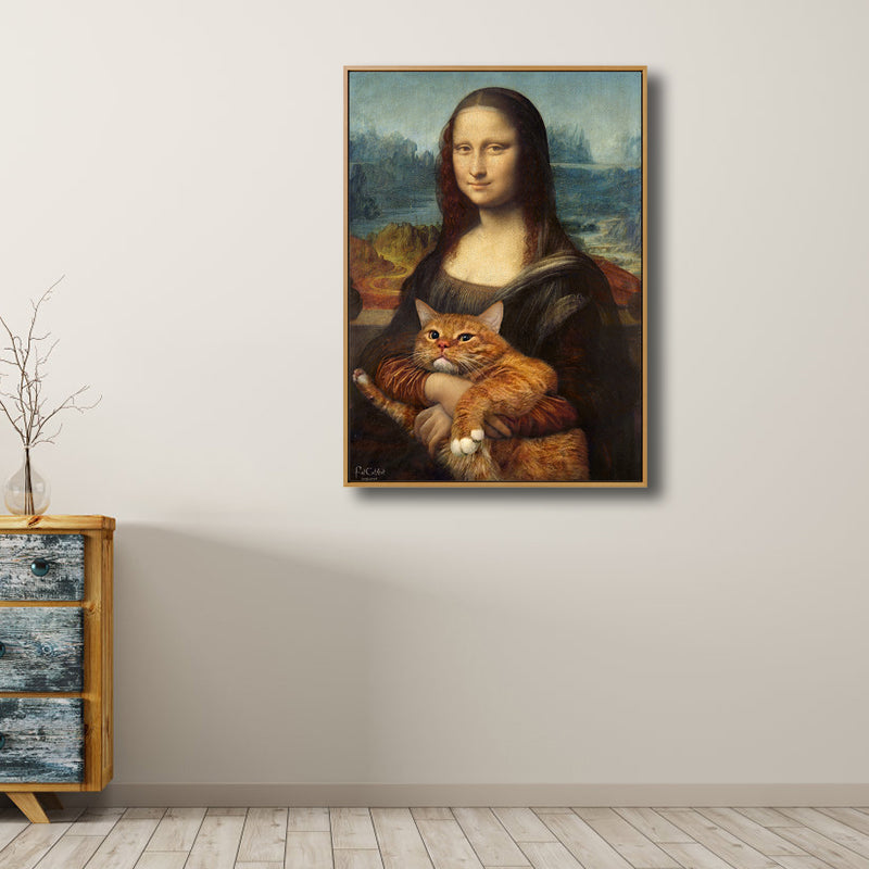 Black Modern Wall Art Spoof Drawing Mona Lisa with Her Cat Canvas Print for Bedroom - Black - Clearhalo - 'Arts' - 'Canvas Art' - 1808185