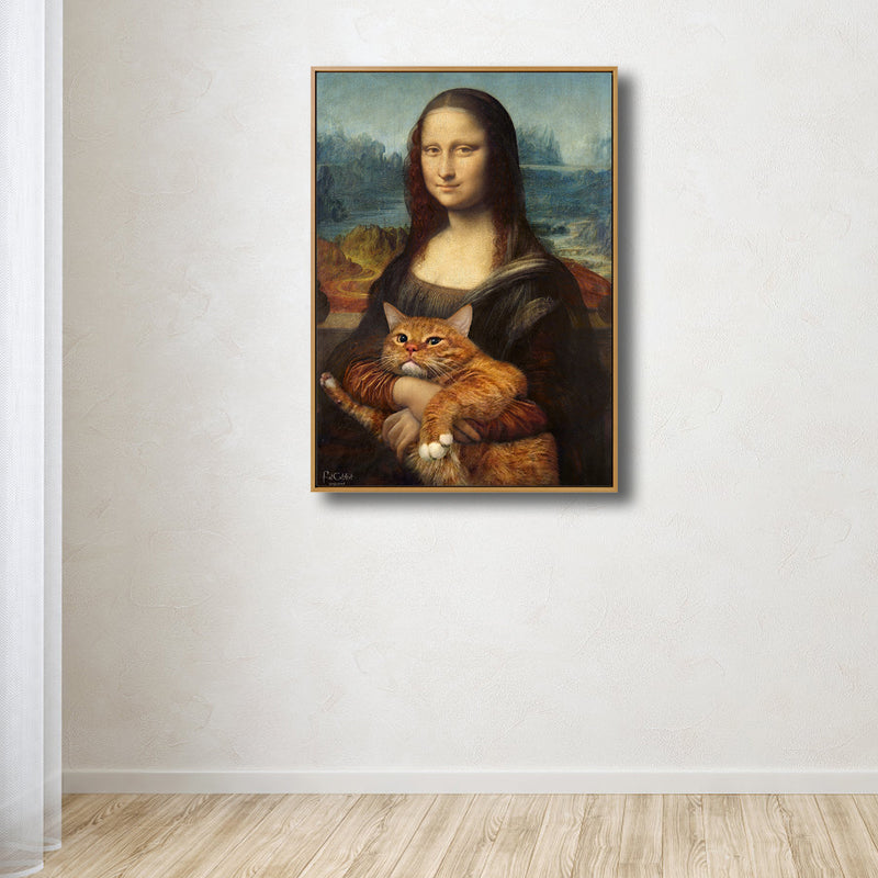 Black Modern Wall Art Spoof Drawing Mona Lisa with Her Cat Canvas Print for Bedroom - Clearhalo - 'Arts' - 'Canvas Art' - 1808186