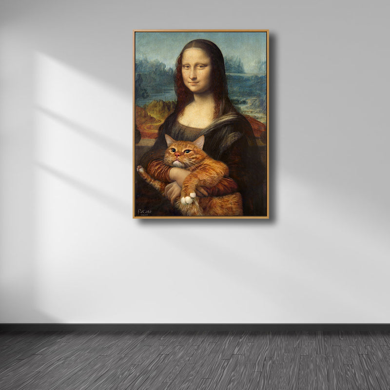 Black Modern Wall Art Spoof Drawing Mona Lisa with Her Cat Canvas Print for Bedroom - Clearhalo - 'Arts' - 'Canvas Art' - 1808187