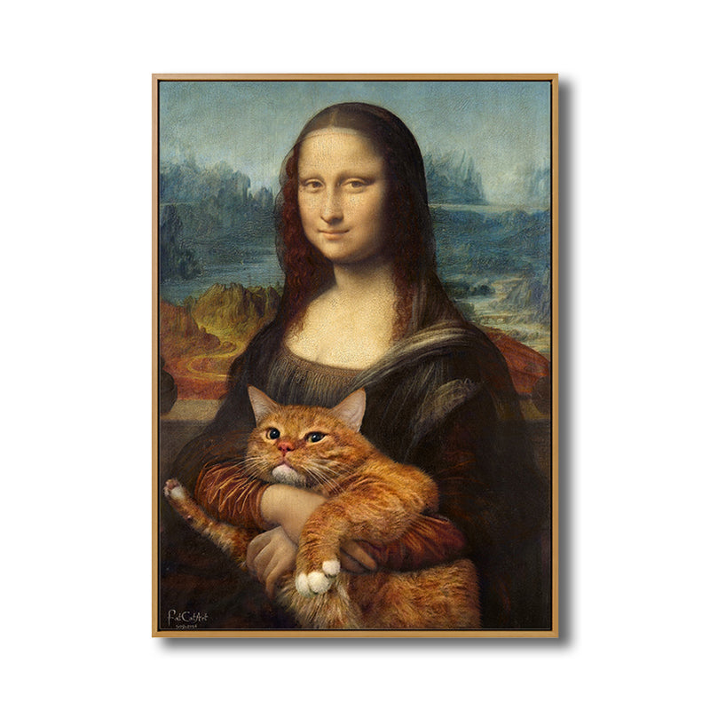 Black Modern Wall Art Spoof Drawing Mona Lisa with Her Cat Canvas Print for Bedroom - Clearhalo - 'Arts' - 'Canvas Art' - 1808188