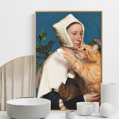 Nun and Cat Wall Art Brown Contemporary Canvas Print for Dining Room, Multiple Sizes