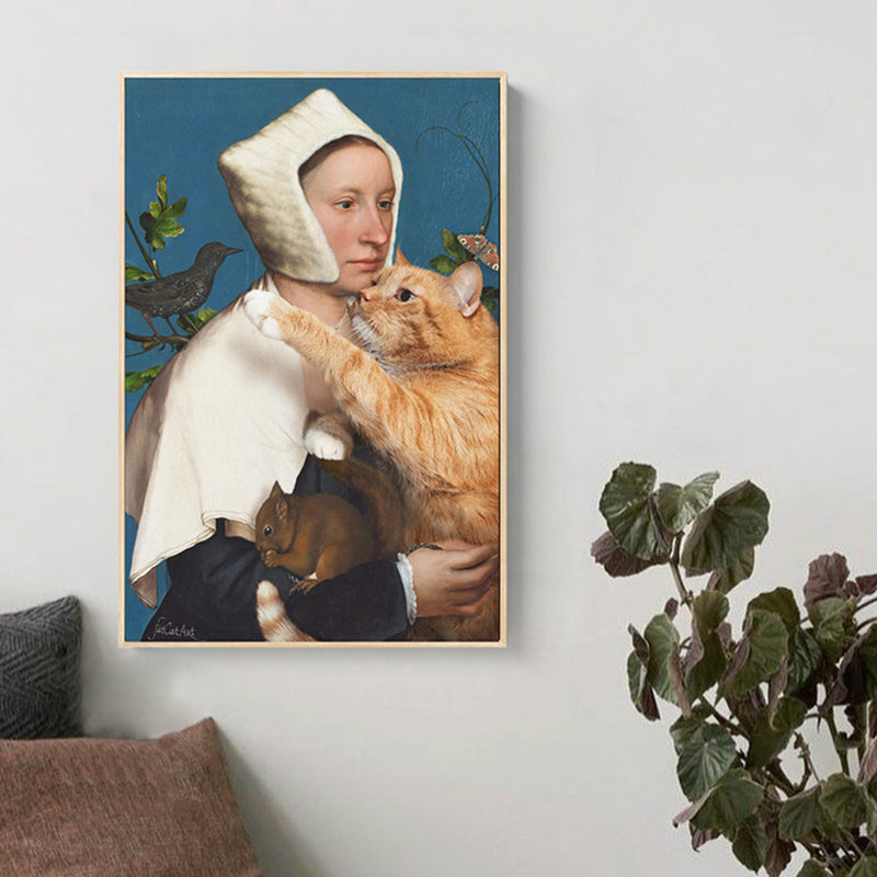 Nun and Cat Wall Art Brown Contemporary Canvas Print for Dining Room, Multiple Sizes