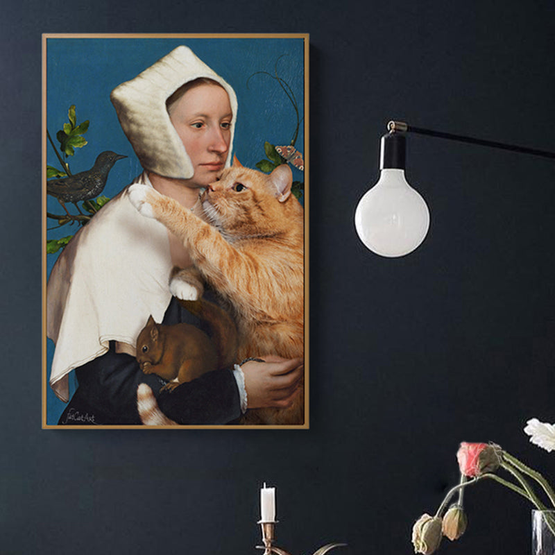 Nun and Cat Wall Art Brown Contemporary Canvas Print for Dining Room, Multiple Sizes