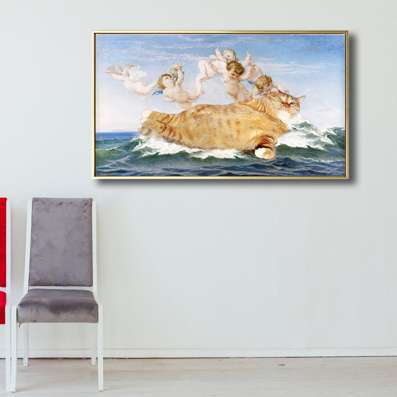 Fat Cat and Angels Canvas Kids Style Spoof Animal Wall Art Print in Yellow and Blue - view 2