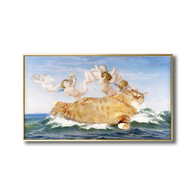 Fat Cat and Angels Canvas Kids Style Spoof Animal Wall Art Print in Yellow and Blue