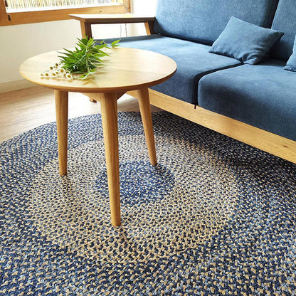 Countryside Circle Pattern Rug Blue and Brown Sisal Rug Non-Slip Backing Washable Pet Friendly Carpet for Home