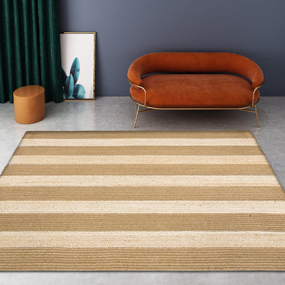 Countryside Striped Pattern Rug Brown and Khaki Sisal Rug Non-Slip Backing Washable Pet Friendly Carpet for Home