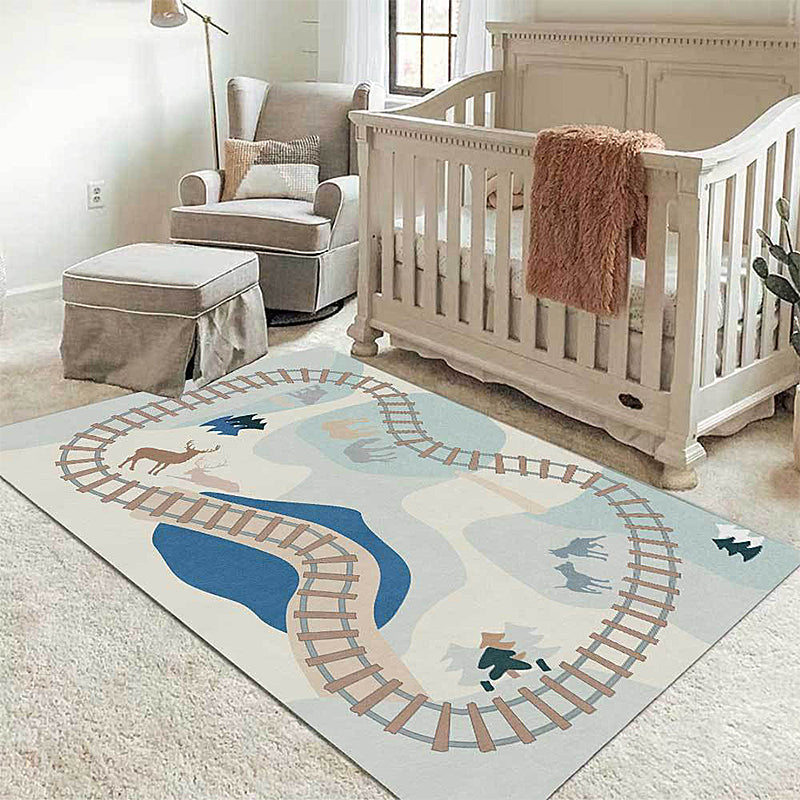 Blue Rail Pattern Rug with Animal Polyester Kids Rug Pet Friendly Washable Non-Slip Area Rug for Bedroom - Blue - Clearhalo - 'Area Rug' - 'Rug' - 1811479