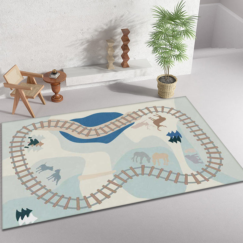 Blue Rail Pattern Rug with Animal Polyester Kids Rug Pet Friendly Washable Non-Slip Area Rug for Bedroom - Clearhalo - 'Area Rug' - 'Rug' - 1811480