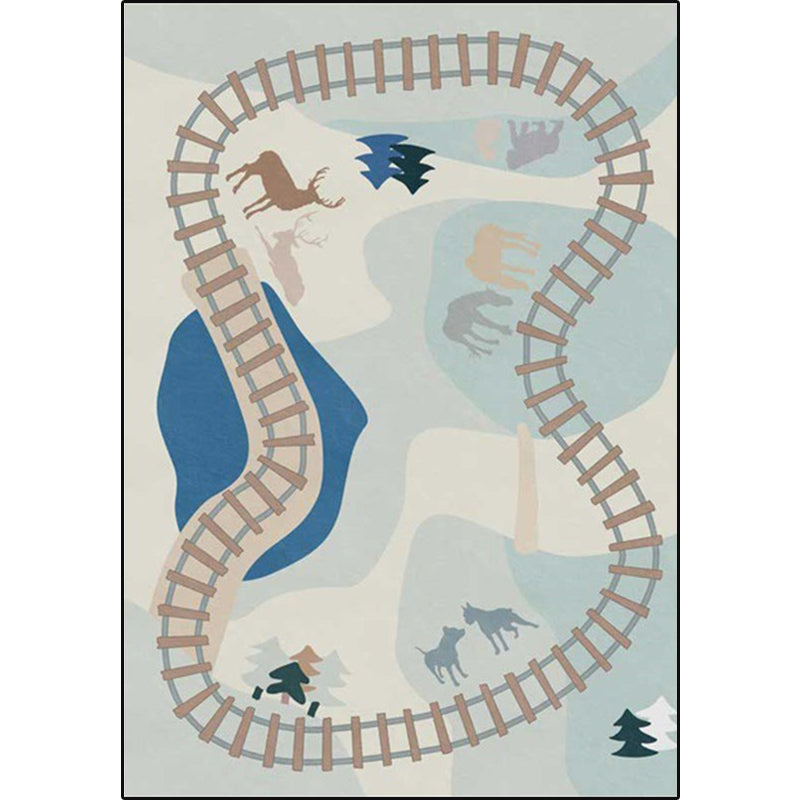 Blue Rail Pattern Rug with Animal Polyester Kids Rug Pet Friendly Washable Non-Slip Area Rug for Bedroom - Clearhalo - 'Area Rug' - 'Rug' - 1811481