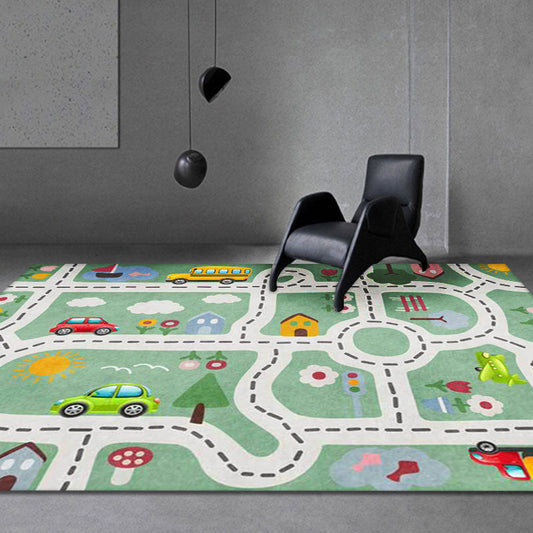 Kids Road Pattern Rug with Car Green Polyester Rug Non-Slip Pet Friendly Washable Are Rug for child's room - Clearhalo - 'Area Rug' - 'Rug' - 1811499