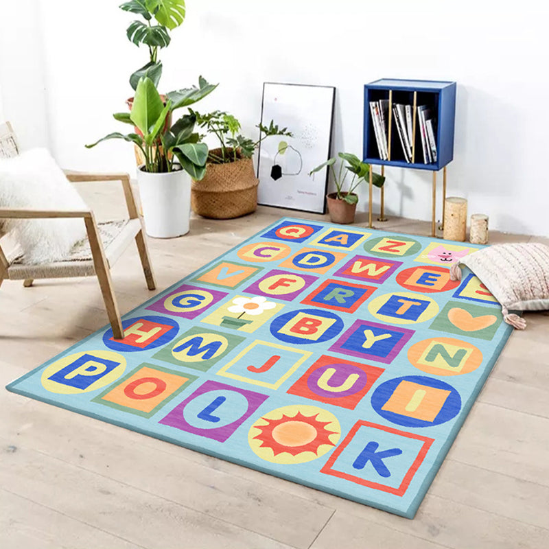 Multicolor Nursery Rug Kids Letter Pattern Rug Polyester Washable Anti-Slip Backing Pet Friendly Carpet - Blue - Clearhalo - 'Area Rug' - 'Rug' - 1811530