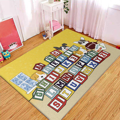 Yellow Letter Pattern Rug with Dog Polyester Kids Rug Pet Friendly Washable Non-Slip Area Rug for Bedroom