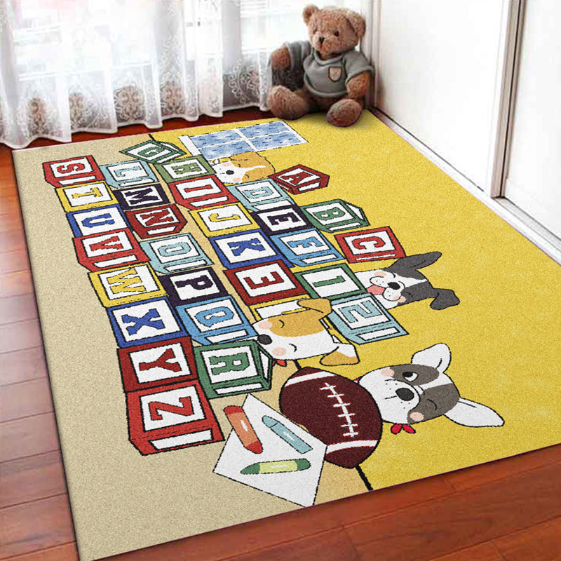 Yellow Letter Pattern Rug with Dog Polyester Kids Rug Pet Friendly Washable Non-Slip Area Rug for Bedroom - view 2