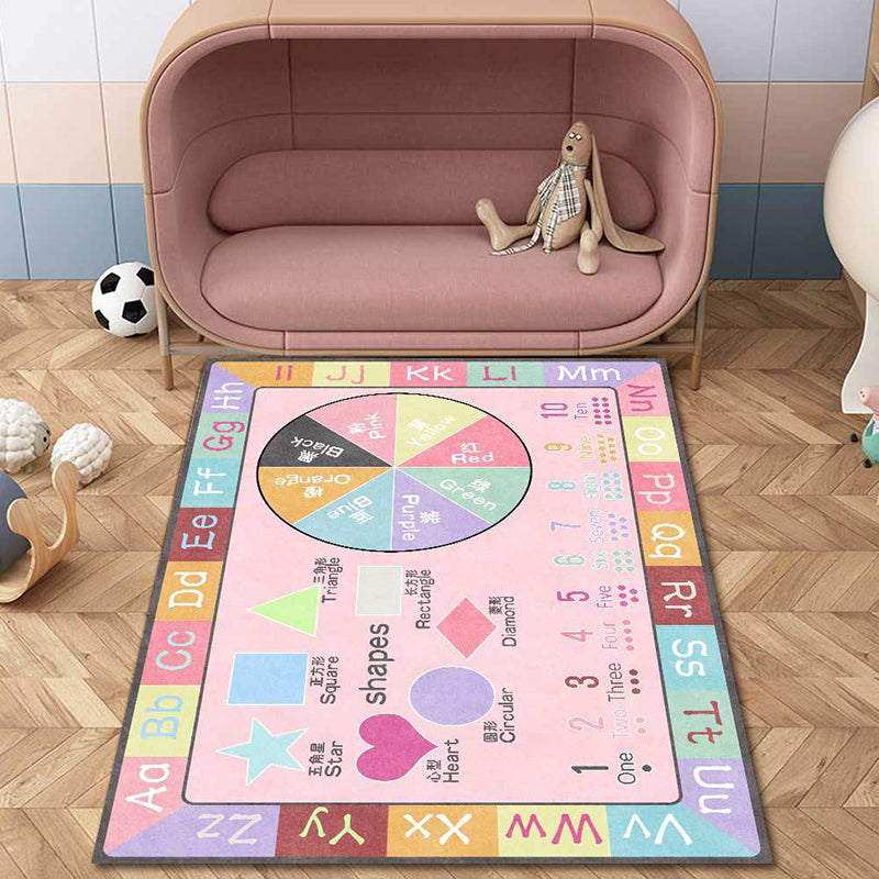 Multicolor Nursery Rug Kids Letter and Geometric Pattern Rug Polyester Washable Anti-Slip Backing Pet Friendly Carpet - Pink - Clearhalo - 'Area Rug' - 'Rug' - 1811598