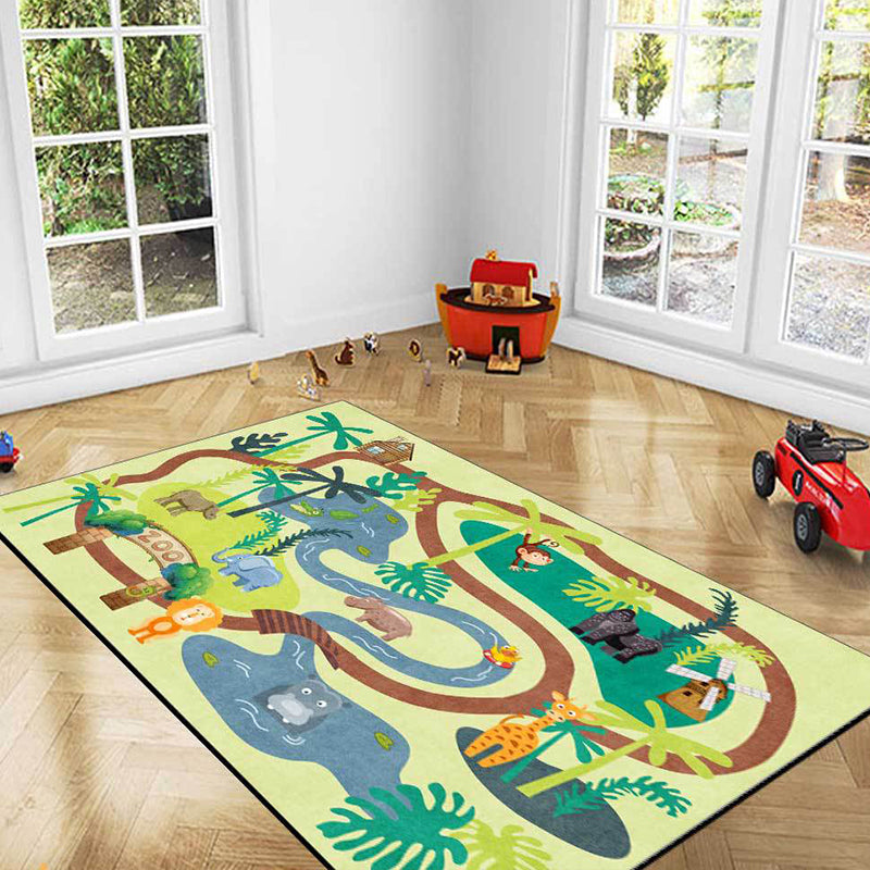 Kids Zoo Pattern Rug with Animal Brown Polyester Rug Non-Slip Pet Friendly Washable Are Rug for child's room - Green - Clearhalo - 'Area Rug' - 'Rug' - 1811609