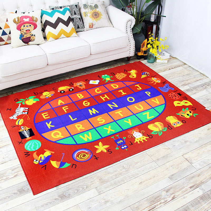 Green and Blue Nursery Rug Kids Letter and Number Pattern Rug Polyester Washable Anti-Slip Backing Pet Friendly Carpet