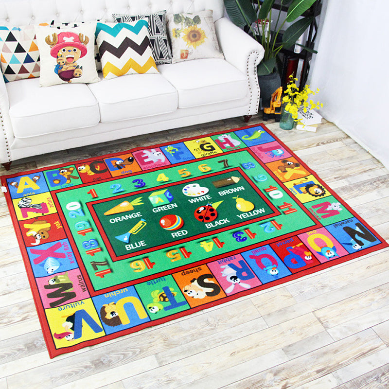 Green and Blue Nursery Rug Kids Letter and Number Pattern Rug Polyester Washable Anti-Slip Backing Pet Friendl
