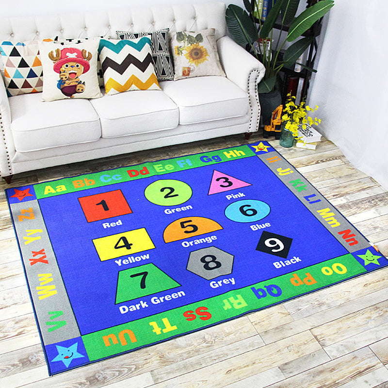 Green and Blue Nursery Rug Kids Letter and Number Pattern Rug Polyester Washable Anti-Slip Backing Pet Friendly Carpet