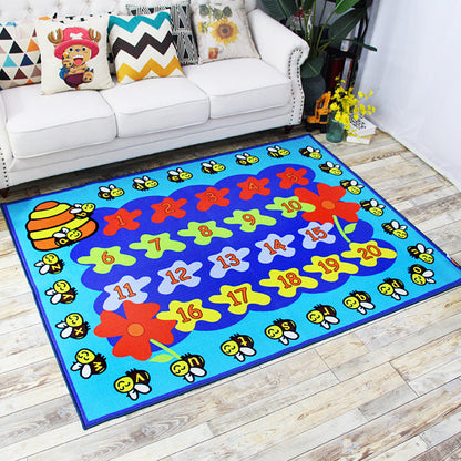 Green and Blue Nursery Rug Kids Letter and Number Pattern Rug Polyester Washable Anti-Slip Backing Pet Friendly Carpet