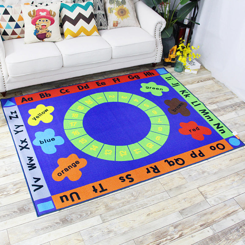 Green and Blue Nursery Rug Kids Letter and Number Pattern Rug Polyester Washable Anti-Slip Backing Pet Friendly Carpet