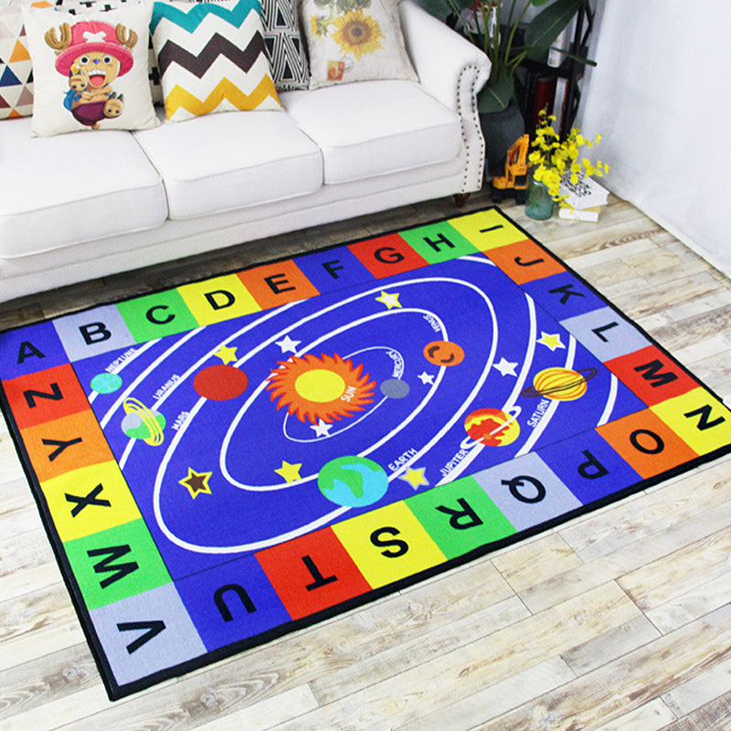 Green and Blue Nursery Rug Kids Letter and Number Pattern Rug Polyester Washable Anti-Slip Backing Pet Friendly Carpet