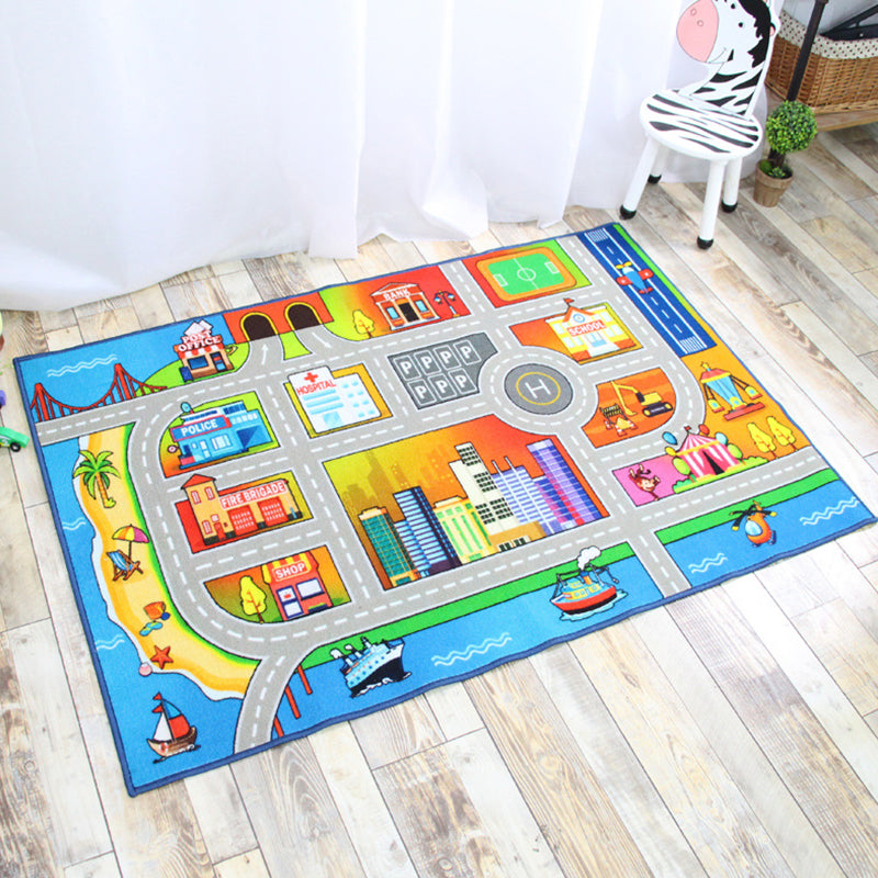 Funky Road Pattern Rug with Building Green and Grey Kids Rug Polyester Pet Friendly Washable Non-Slip Area Rug - view 2