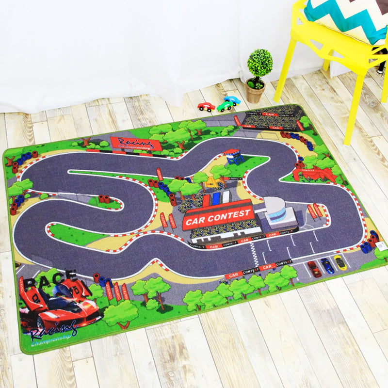 Funky Road Pattern Rug with Building Green and Grey Kids Rug Polyester Pet Friendly Washable Non-Slip Area Rug - view 7