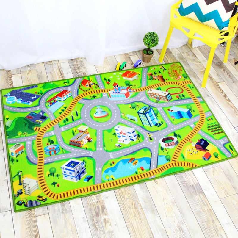 Funky Road Pattern Rug with Building Green and Grey Kids Rug Polyester Pet Friendly Washable Non-Slip Area Rug for Decoration