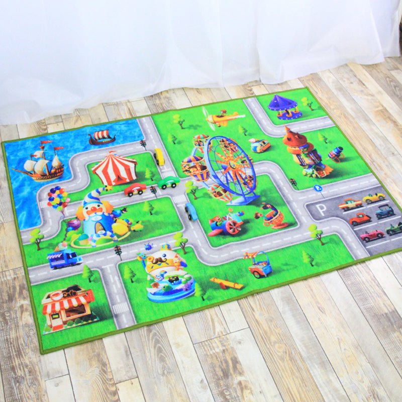 Funky Road Pattern Rug with Building Green and Grey Kids Rug Polyester Pet Friendly Washable Non-Slip Area Rug for Decoration