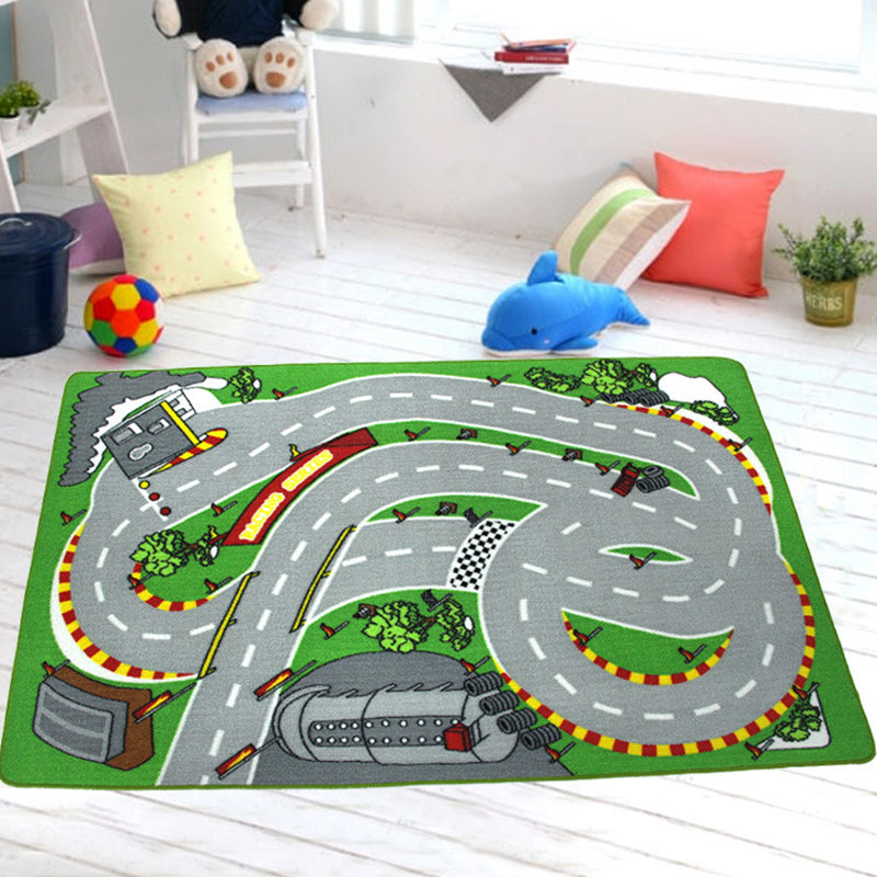 Funky Road Pattern Rug with Building Green and Grey Kids Rug Polyester Pet Friendly Washable Non-Slip Area Rug - view 4